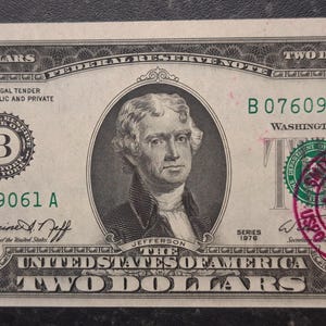 1976 Bicentennial Two Dollar Note, First Day of Issue Stamped, Uncirculated, The 9 Notes, Individually Sold, Have Repeating Numbers