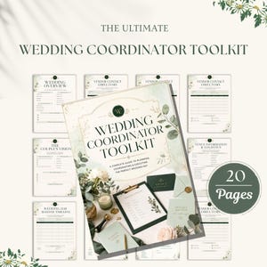 Könnte beinhalten: Ein digitales Hochzeitskoordinator-Toolkit mit einem 20-seitigen Planungsleitfaden und einem Deckblatt mit dem Titel THE ULTIMATE WEDDING COORDINATOR TOOLKIT. Das Set enthält verschiedene Vorlagen wie Kontaktverzeichnisse und Zeitpläne in Grün.