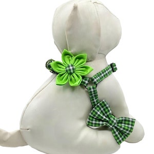 Step in Dog Harness With Optional Flower Or Bow Tie, St. Patrick’s Day Small Green Plaid Pet Harness Sizes XXS, XS, S, M