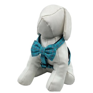 Dog Harness With Optional Bow tie, Turquoise Plaid Adjustable Pet Harness Sizes XXS, XS, S, M