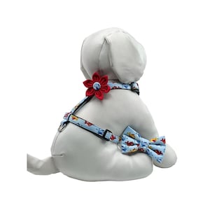 Dog Harness With Optional Red Flower Or Matching Bow Tie Nautical Fish And Whale Pattern Pet Harness Adjustable Sizes XS, S, M, L