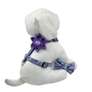 Dog Harness With Optional Purple Flower Or Paisley Bow Tie Purple And Teal Metallic Paisley Adjustable Pet Harness  Sizes  XS, S, M