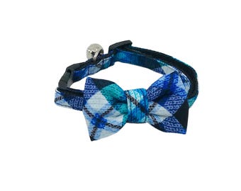 Blue Plaid Breakaway Cat Collar With Optional Bow Tie: Available Sizes S-L