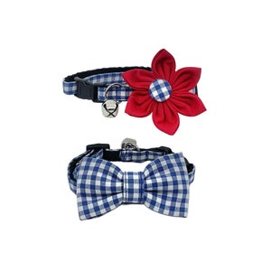 Royal blue gingham breakaway cat collar with optional flower or bow tie in size S, M, L