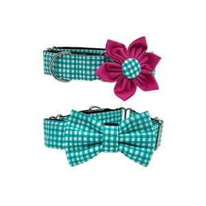 Martingale Dog Collar With Optional Flower Or Bow Tie: Teal And White Gingham XS-XL
