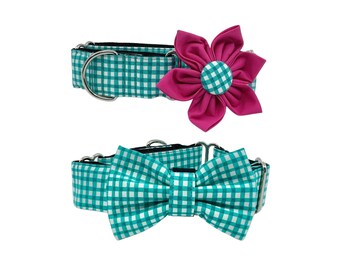 Martingale Dog Collar With Optional Flower Or Bow Tie: Teal And White Gingham XS-XL