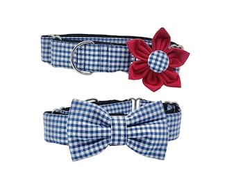 Royal Blue Gingham Martingale Dog Collar With Optional Flower or Bow Tie: XS-XL