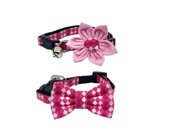 Cat Collar With Optional Bow Tie Or Flower, Pink And Gray Diamond: Breakaway S-L