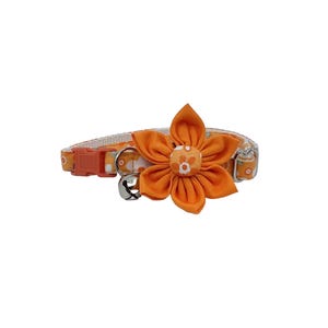 Cat Collar With Optional Flower Orange Floral Print, Silver Bell Breakaway Adjustable Sizes Small Kitten, Medium, Large