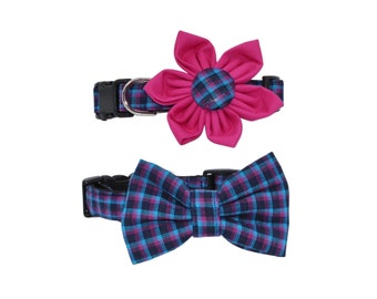 Navy Blue And Pink Plaid Dog Collar With Optional Flower Or Bow Tie: XXS-XL