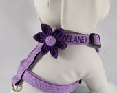 Personalized Dog Harness With Flower - Embroidered Purple Flower Print Pet Harness - Size XSmall, Small, Medium