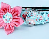 Teal Flower Print Martingale Dog Collar With Flower - Adjustable Slip On Collar Sizes Small, Medium, Large, XLarge