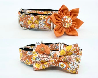 Orange Flower Print Martingale Dog Collar With Optional Flower Or Bow Tie Adjustable Slip On Collar Sizes Small, Medium, Large, XLarge