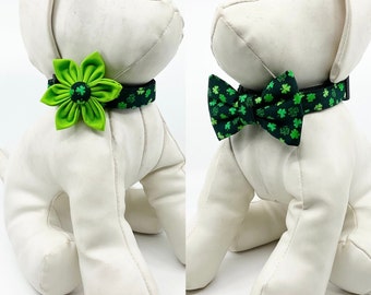St. Patrick's Day Green Shamrock Dog Collar With Flower Or Bow Tie Pet Collar Adjustable Sizes  XS, S, M, L, XL