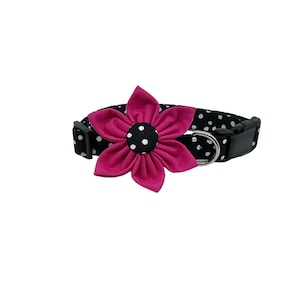 Black Polka Dot Dog Collar With Optional Pink Flower: Adjustable Buckle Sizes XXS-XL