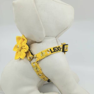 Personalized Step in Dog Harness With Optional Yellow Flower, Sparkly Yellow Bees Pet Harness, Adjustable Size XXS, XS, S, M, L