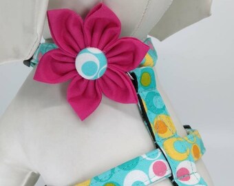 Aqua Double Dot Dog Harness With Optional Flower Accessory  - Pet Harness Adjustable Sizes XS, S, M