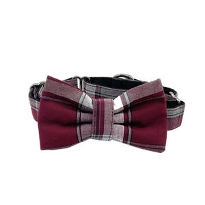 Maroon Plaid Martingale Dog Collar: Optional Bow Tie, Adjustable Slip On Collar Sizes XS-XL
