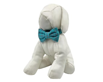 Turquoise Plaid Buckle Dog Collar with Optional Bow Tie: Adjustable Sizes XXS-XL