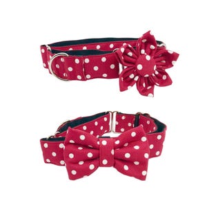 Red Medium Polka Dot Martingale Dog Collar with Optional Flower or Bow Tie, Slip on Collar Adjustable Sizes XS, S, M, L, XL