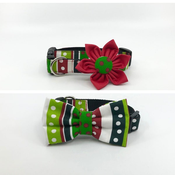 Christmas Dog Collar With Flower Or Bow Tie Red And Green Dot Stripe Pet Collar Adjustable Sizes XSmall, Small, Medium, Large, XLarge