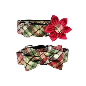 Red And Green Metallic Plaid Christmas Martingale Dog Collar With Optional Flower Or Bow Tie Slip On Collar Adjustable Size XS, S, M,  L, XL