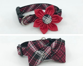 Christmas Dog Collar With Flower Or Bow Tie Red And Black Plaid Adjustable Sizes XSmall, Small, Medium, Large, XLarge