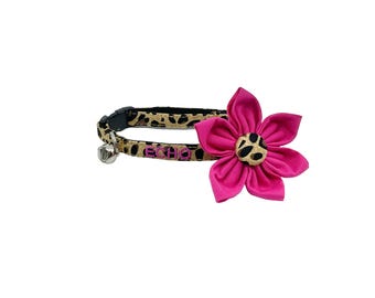 Personalized Animal Cheetah Print Cat Collar With Optional Pink Flower: S-L