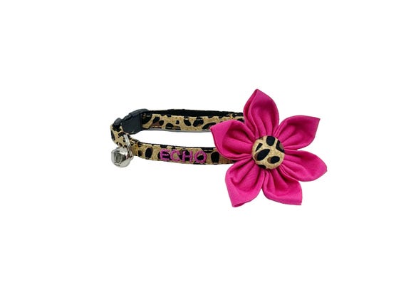 Animal Cheetah Print Cat Collar With Optional Pink Flower And Personalization: S-L