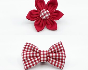 Red Gingham Flower Or Bow Tie Accessory For Your Dog’s Or Cat’s Harness Or Collar