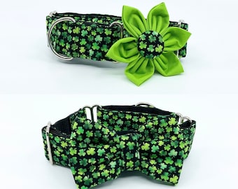 St. Patrick's Day Martingale Dog Collar With Optional Flower Or Bow Green Shamrock On Black Slip On Collar Adjustable Sizes S, M, L, XL