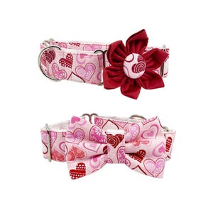 Valentines Day Martingale Dog Collar With Optional Flower Or Bow Tie Red And Pink Sparkly Hearts: Slip On XS-XL