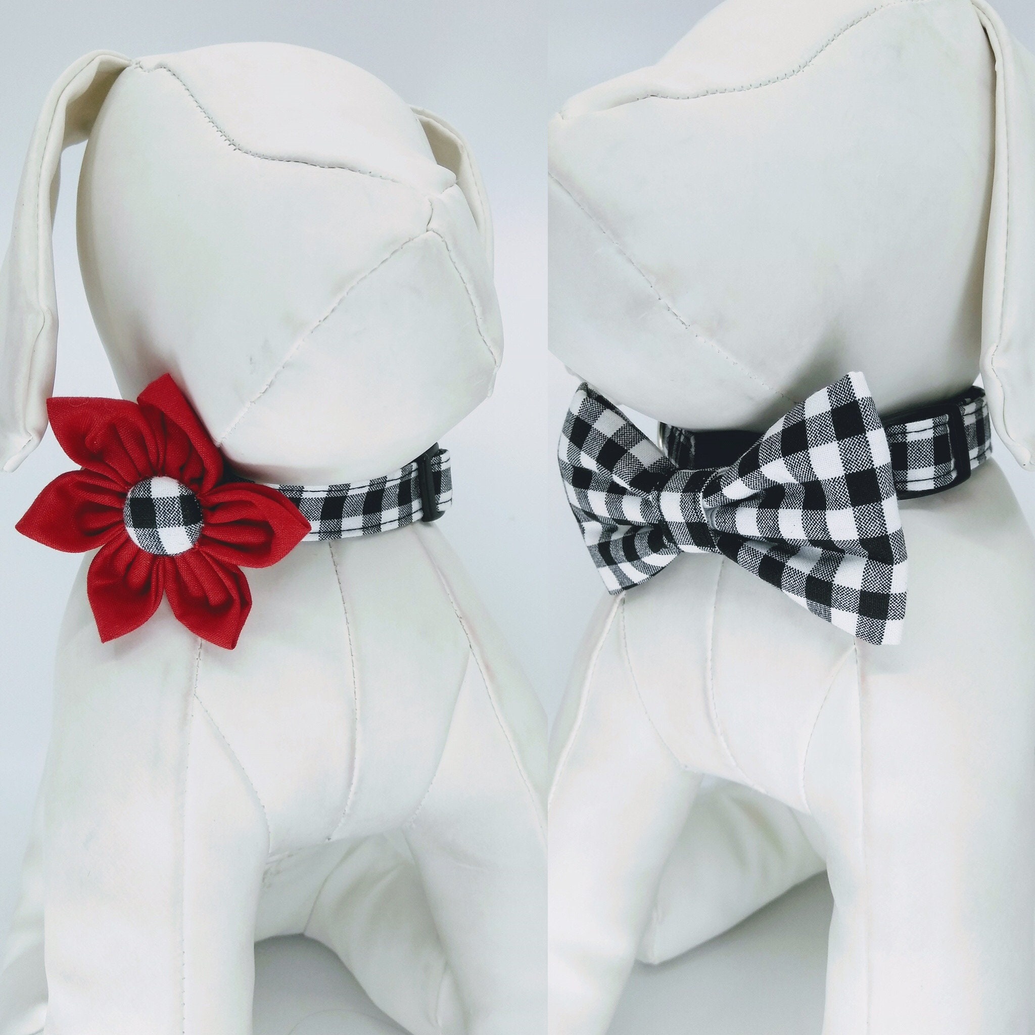 Dog Collar With Flower Or Bow Tie  - Black And White Checkered Buffal…
