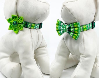 St. Patrick's Day Green Shamrock Stripe Dog Collar With Optional Flower Or Bow Tie Pet Collar Adjustable Sizes  XS, S, M, L, XL