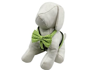 Dog Harness, Optional Matching Bow Tie Green And White Polka Dot Adjustable Sizes XS-M