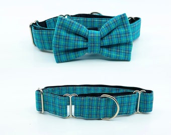Martingale Dog Collar With Optional Bow Tie Turquoise Plaid Slip On Collar Sizes Small, Medium, Large, XLarge