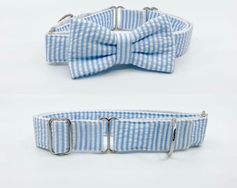 Martingale Dog Collar With Optional Bow Tie Blue Striped Seersucker Slip On Collar Sizes Small, Medium, Large, XLarge