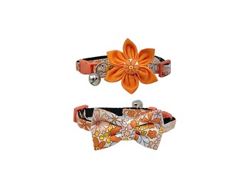 Orange Floral Print Cat Collar With Optional Flower Or Bow Tie, Breakaway Sizes S-L