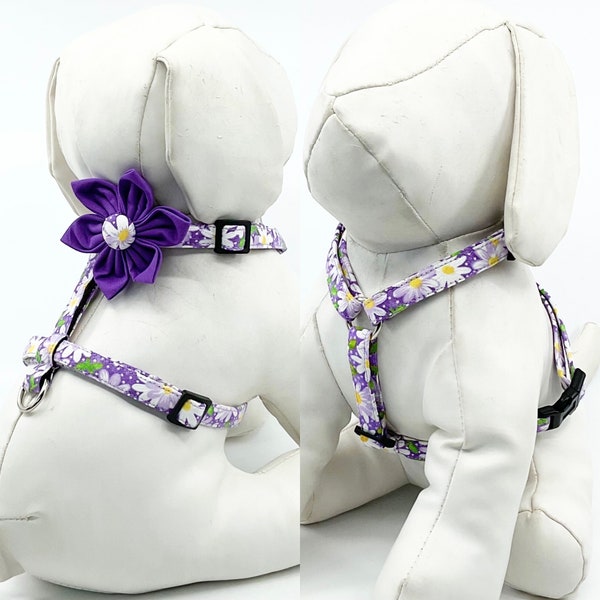 Purple Daisy Dog Harness With Optional Flower, Adjustable Pet Harness Sizes XSmall, Small,  Medium