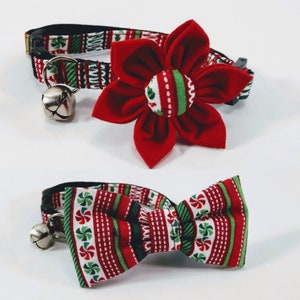 Holiday Cat Collar With Optional Flower Or Bow Tie Red And Green Christmas Candy Breakaway Collar Adjustable Sizes S Kitten, M, L image 4