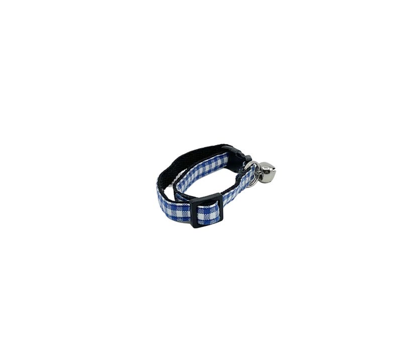 May include: Blue and white checkered cat collar with a black buckle and a silver bell.