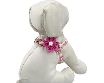 Floral Pink Daisy Step in Dog Harness With Optional Flower: Adjustable Sizes XXS-M