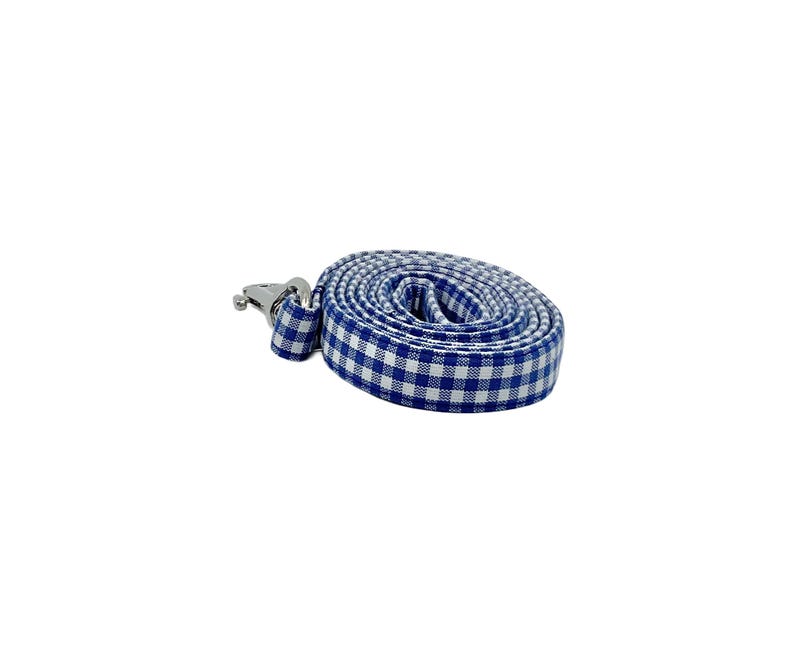 K&ouml;nnte beinhalten: Eine blaue und wei&szlig;e Gingham-Hundeleine mit einem silbernen Clip.