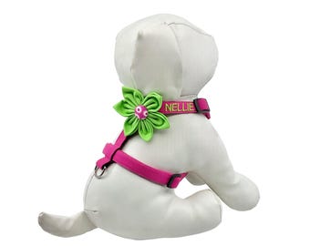 Hundegeschirr Mit Optionaler Blume Und Personalisierung: Hot Pink XS-M