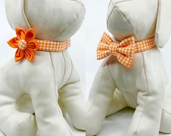 Orange Gingham Dog Collar With Optional Flower Or Bow Tie In Adjustable Sizes XSmall, Small, Medium, Large, XLarge