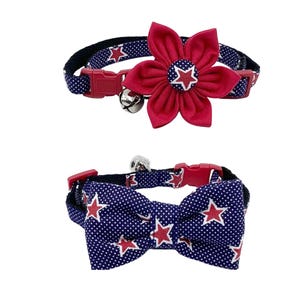 Patriotic Red Stars on Blue Polka Dot Breakaway Cat Collar with Optional Red Flower or Matching Bow Tie, Adjustable Sizes S Kitten, M, L