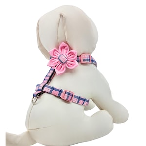 Dog Harness With Optional Flower Pink And Navy Plaid Cotton: Adjustable Sizes XS-M