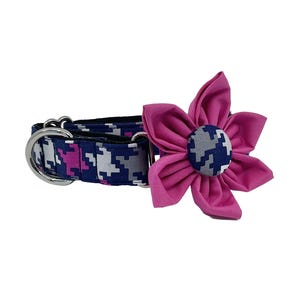 Fuchsia and Navy Houndstooth Martingale Dog Collar with Optional Flower, Available in a 3/4”, 1&quot; and 1.5&quot; Slip on Collar Sizes S, M, L, XL