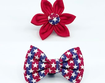 Patriotic Red Blue And White Stars Flower Or Bow Tie Accessory For Your Dog’s Or Cat’s Harness Or Collar