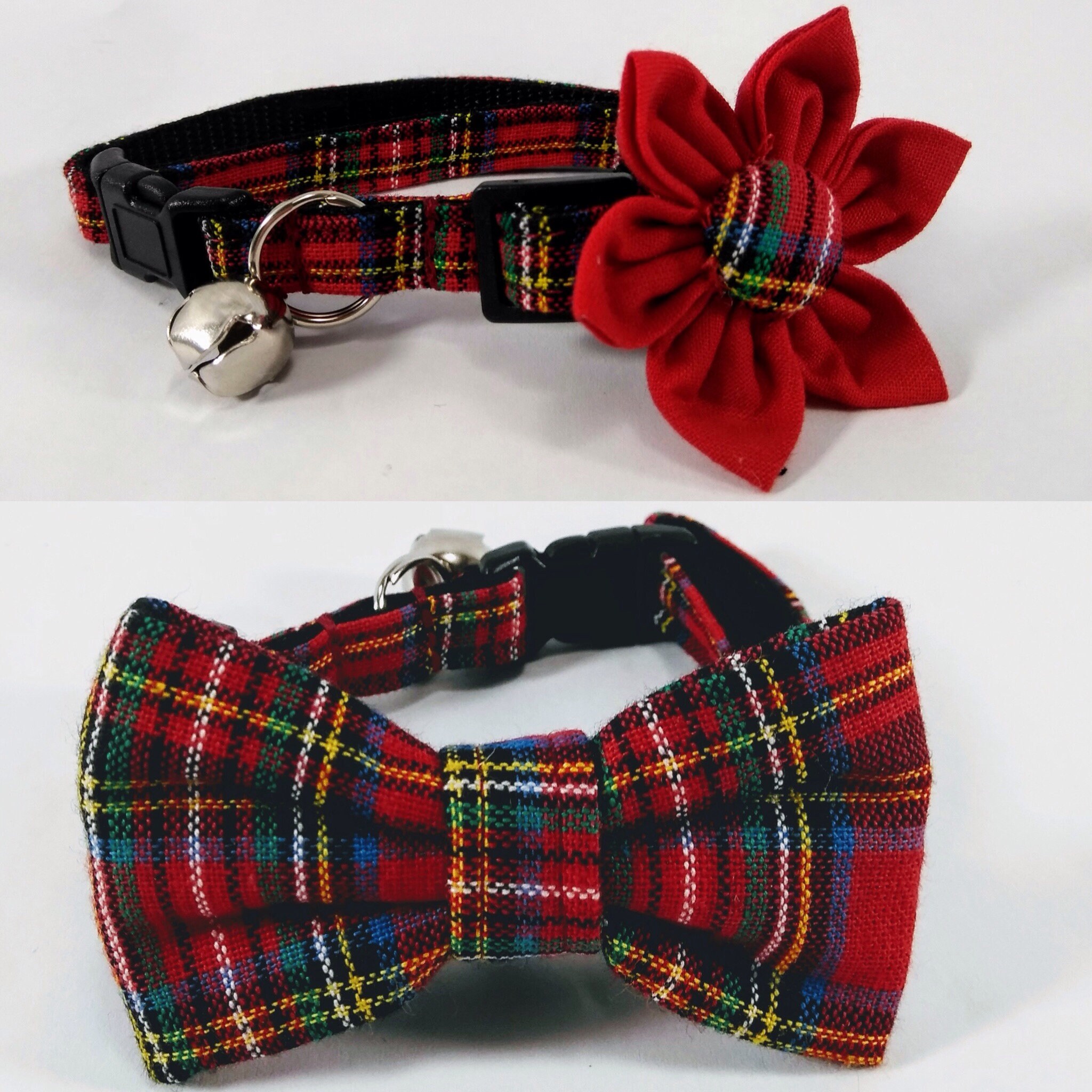 Red Tartan Christmas Cat Collar With Flower Or Bow Tie - Adjustable S…
